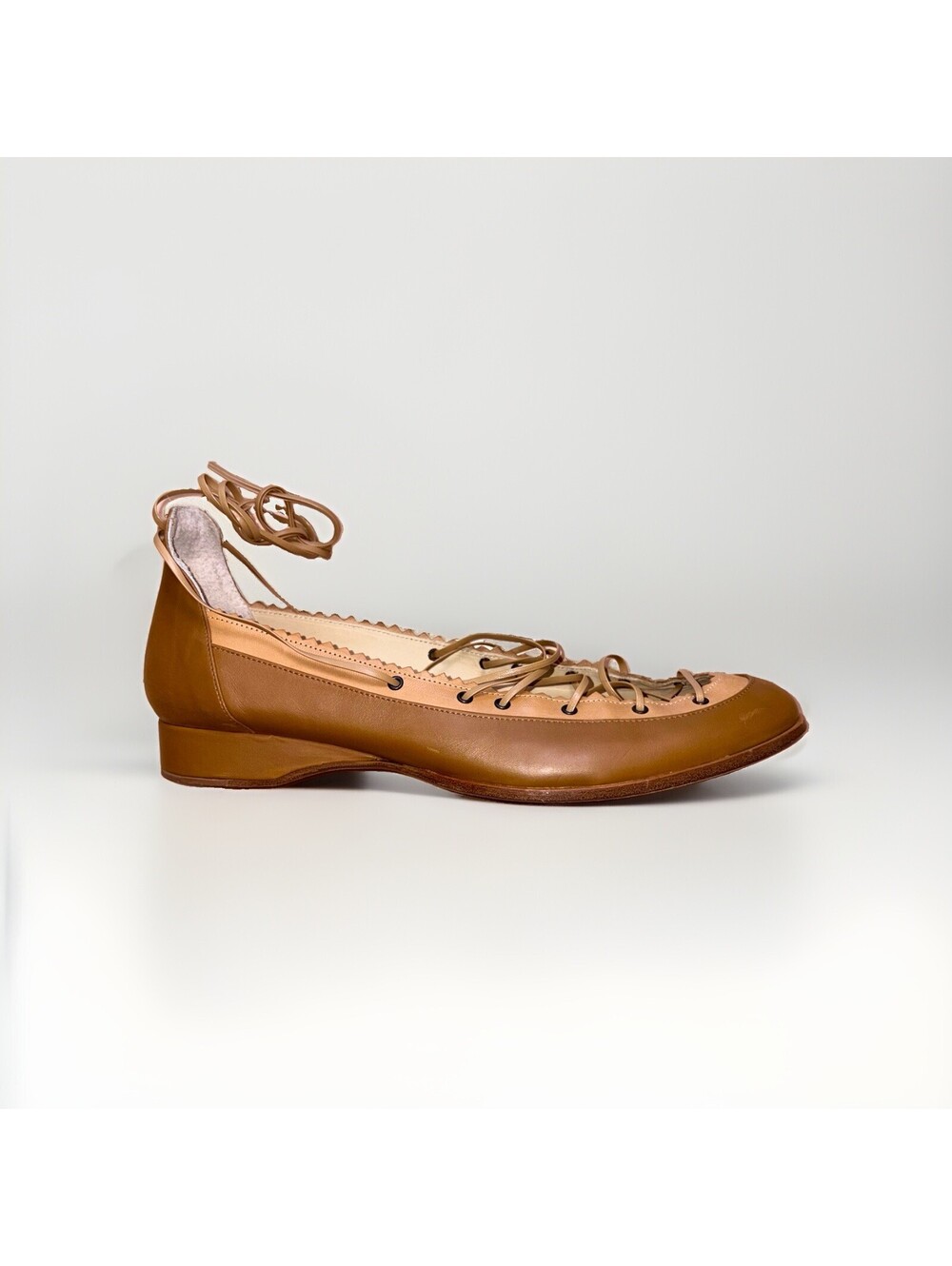 Giraudon New York Womens Size 9 40 Brown Leather Lace Up Ballet Flats Portugal